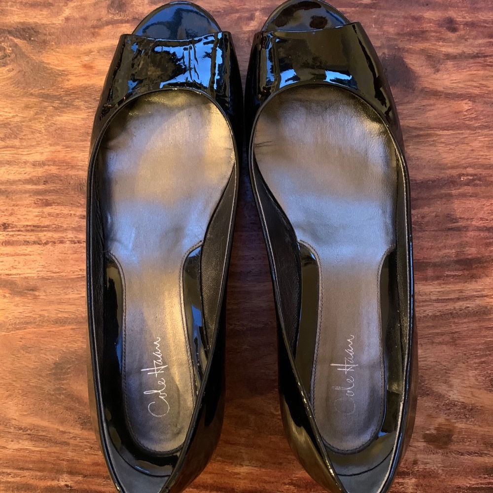 Cole Haan black patent peep toe wedges